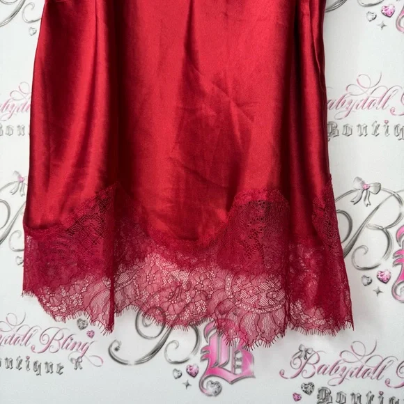 Victoria secret tank top lacie shimmer shiny silky Red Satin Lace Trim Cami Top - Picture 9 of 10